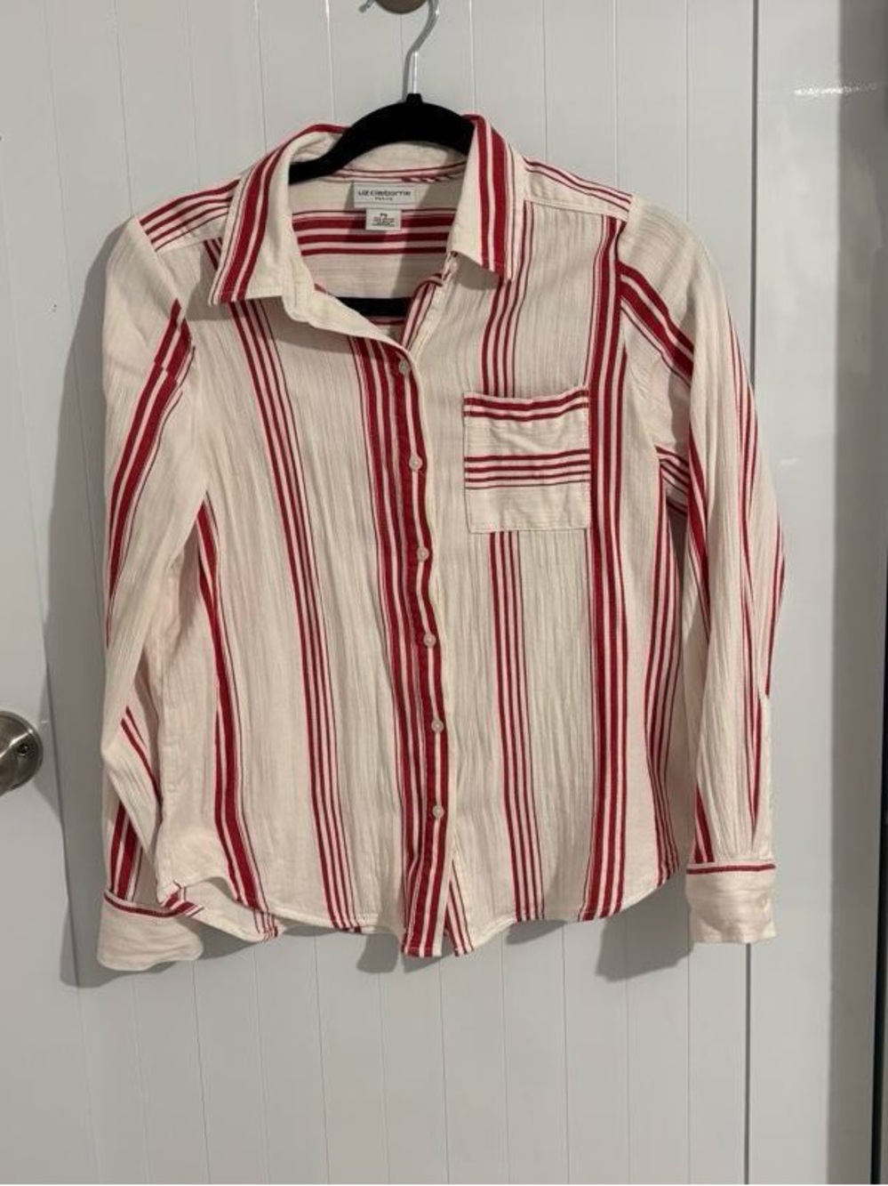 Liz Claiborne White Button-Down Shirt with Red Stripes